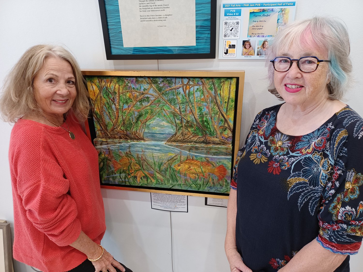Deborah Lightfield, left, created her painting based on a poem by Shutta Crum, right. The artwork and poem are part of a PAM Jam showcase on display at the Ponte Vedra Library.
